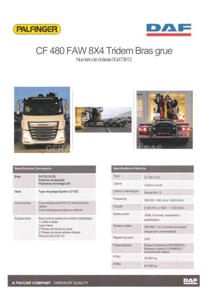 Camion DAF CF 480 FAW 8x2x4 grue PALFINGER Epsilon Polybenne