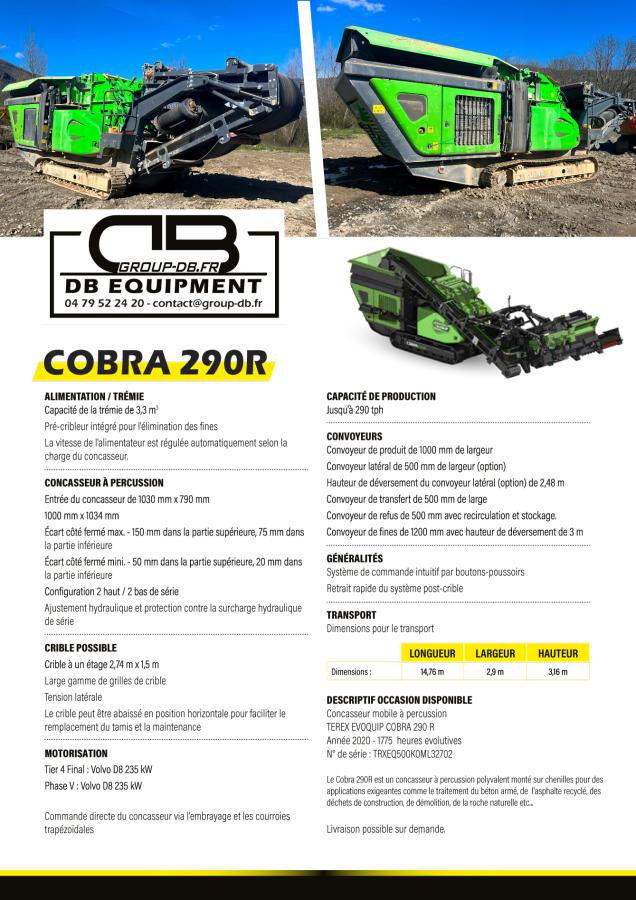Concassage/recyclage TEREX EVOQUIP COBRA 290R CONCASSEUR MOBILE A CHENILLE