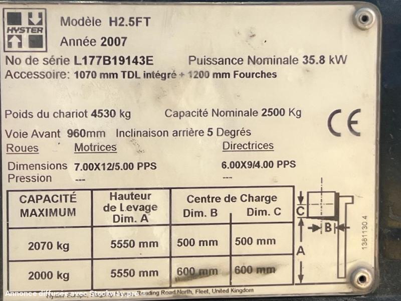 Photo Hyster H2.5FT CHARIOT ELEVATEUR DIESEL 2,5T / 5,5m (NET DE TVA) image 13/15
